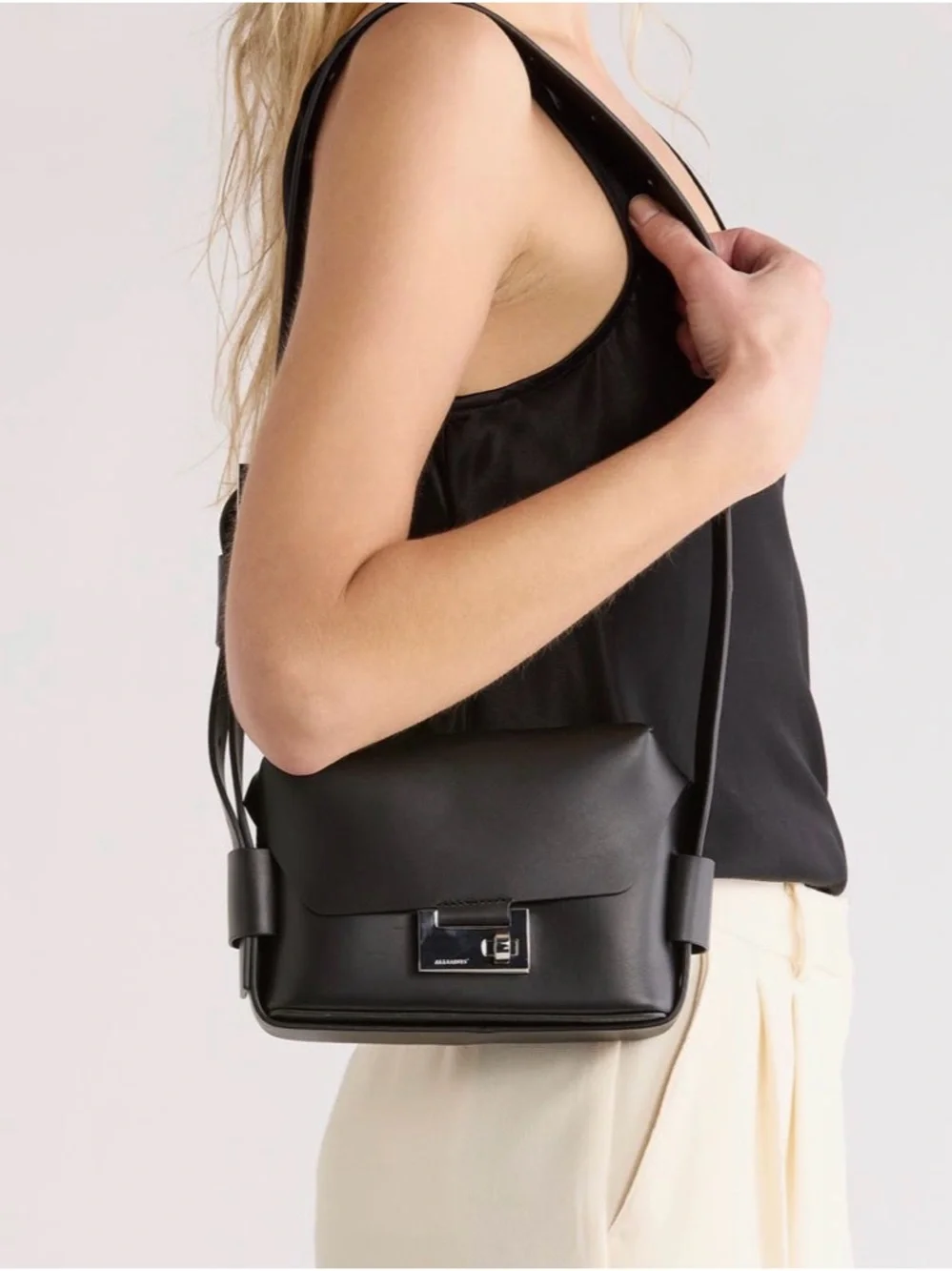 All Saints Black Leather Crossbody Bag with Silver Hardware - Picture 1 of 5